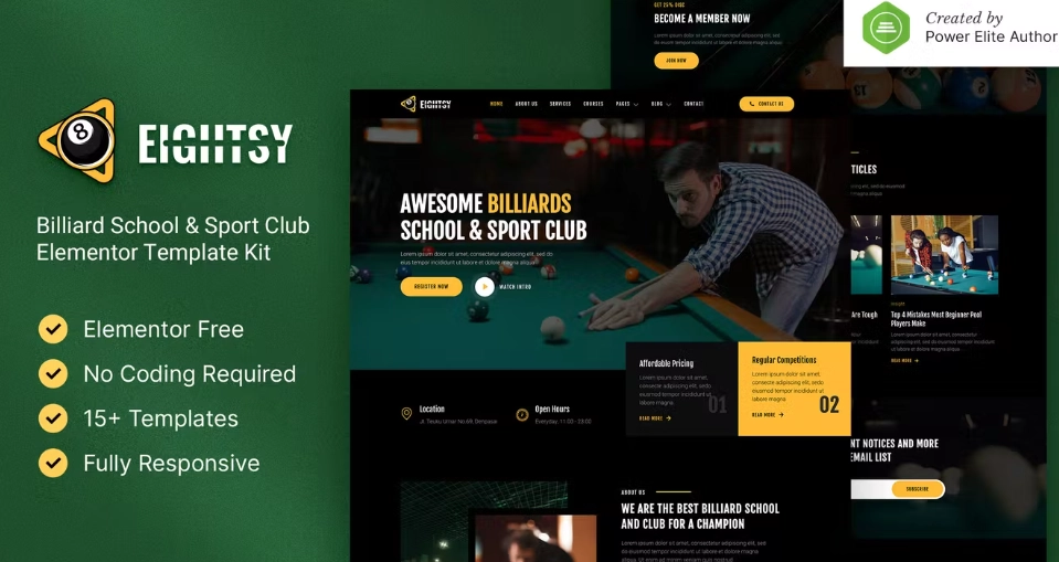 Eightsy – Billiard School & Sport Club Elementor Template