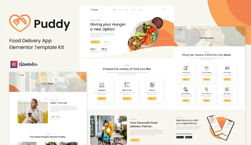 Puddy – Food Delivery App Elementor Template