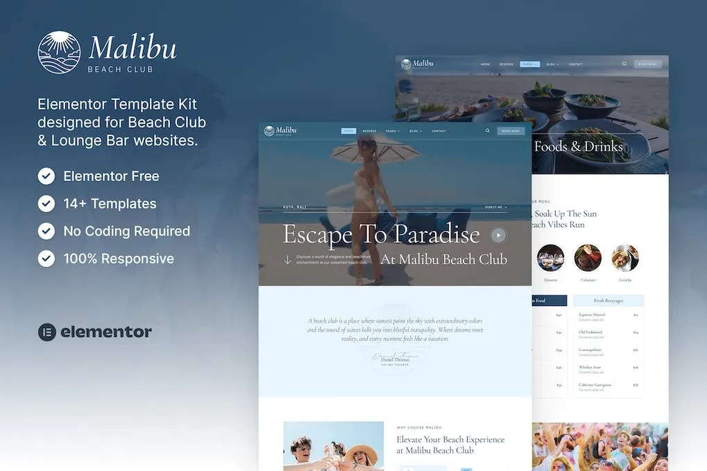 Malibu – Beach Club & Lounge Bar Elementor Template
