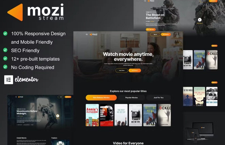 Mozi – Movie Streaming Service Elementor Template