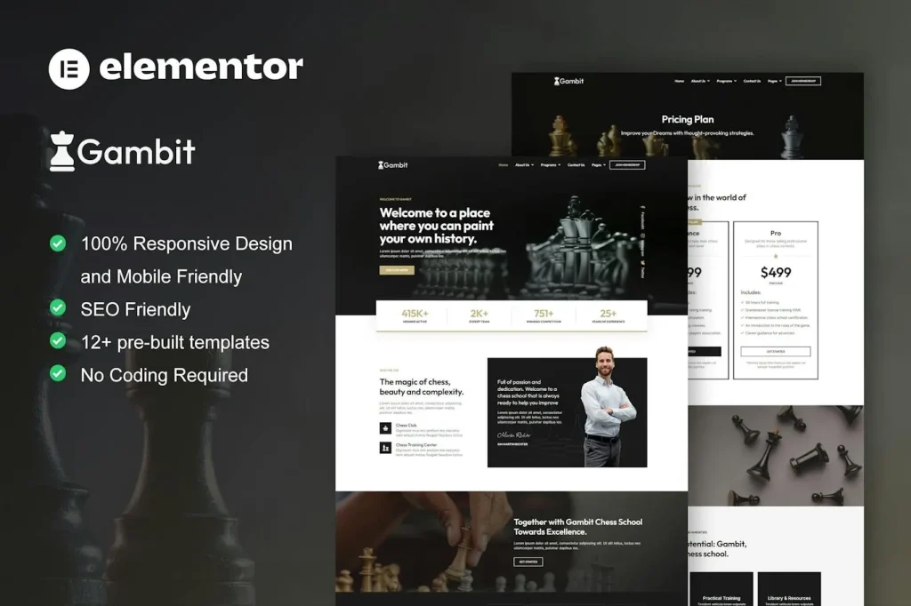 Gambit – Chess Club Courses & Training Elementor Template