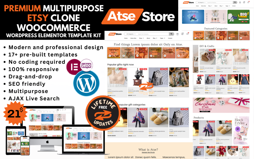 Atse-Store – Multipurpose Woocommerce template Elementor kit for Handicrafts & Clothing store Elementor Kit
