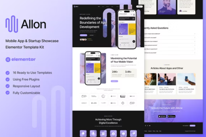 Allon – Mobile App & Startup Showcase Elementor Template