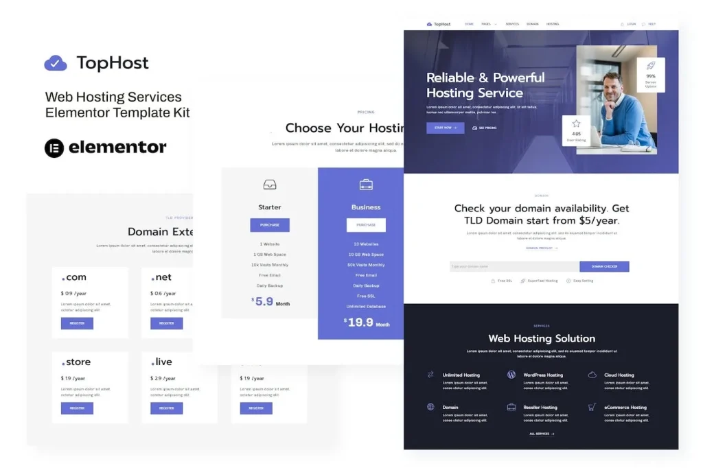 TopHost – Web Hosting Services Elementor Template