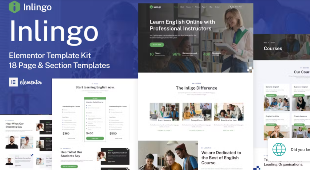 Inlingo – Professional English Course Elementor Template