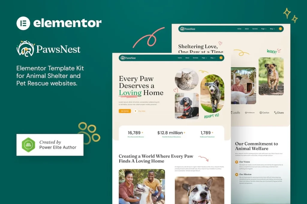 PawsNest – Animal Shelter & Pet Rescue Elementor Template