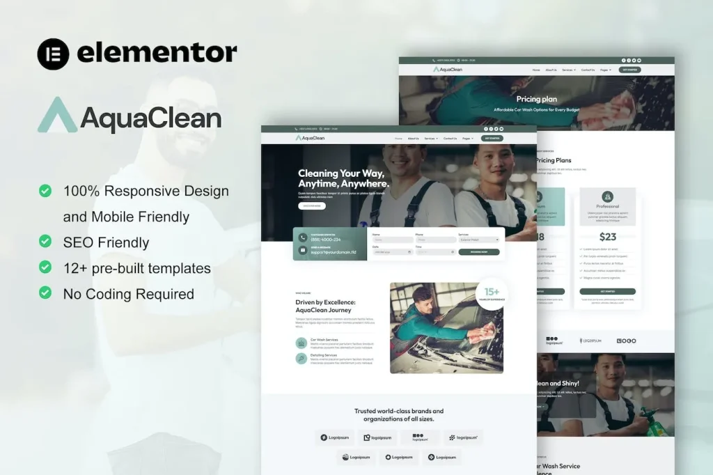 AquaClean – Car Washing & Cleaning Services Elementor Template