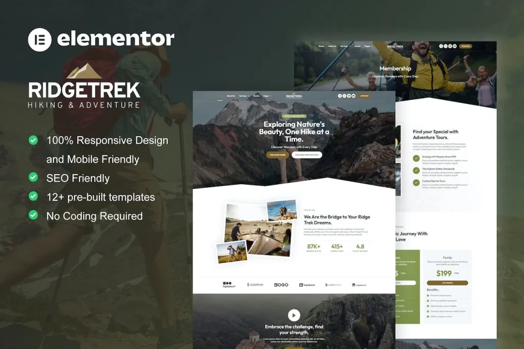 RidgeTrek – Hiking & Adventure Elementor Template